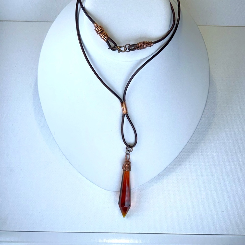 Handmade Vintage Chandelier Crystal Pendant Genuine Leather & Copper Necklace